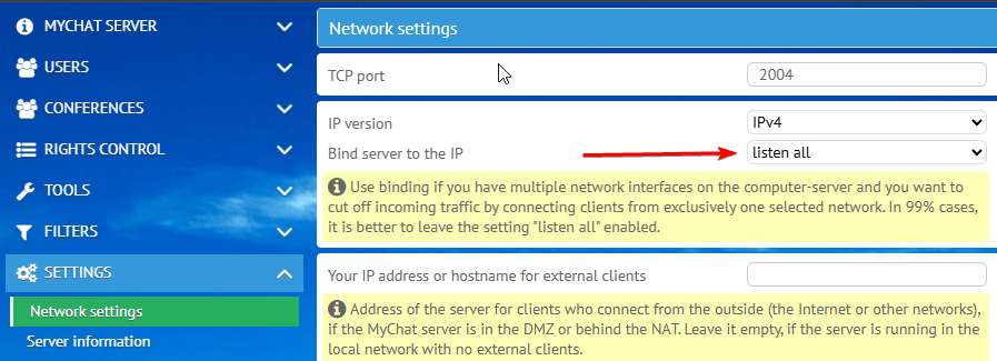 Список доступных сетевых интерфейсов MyChat Server и выбор, кого нужно слушать
